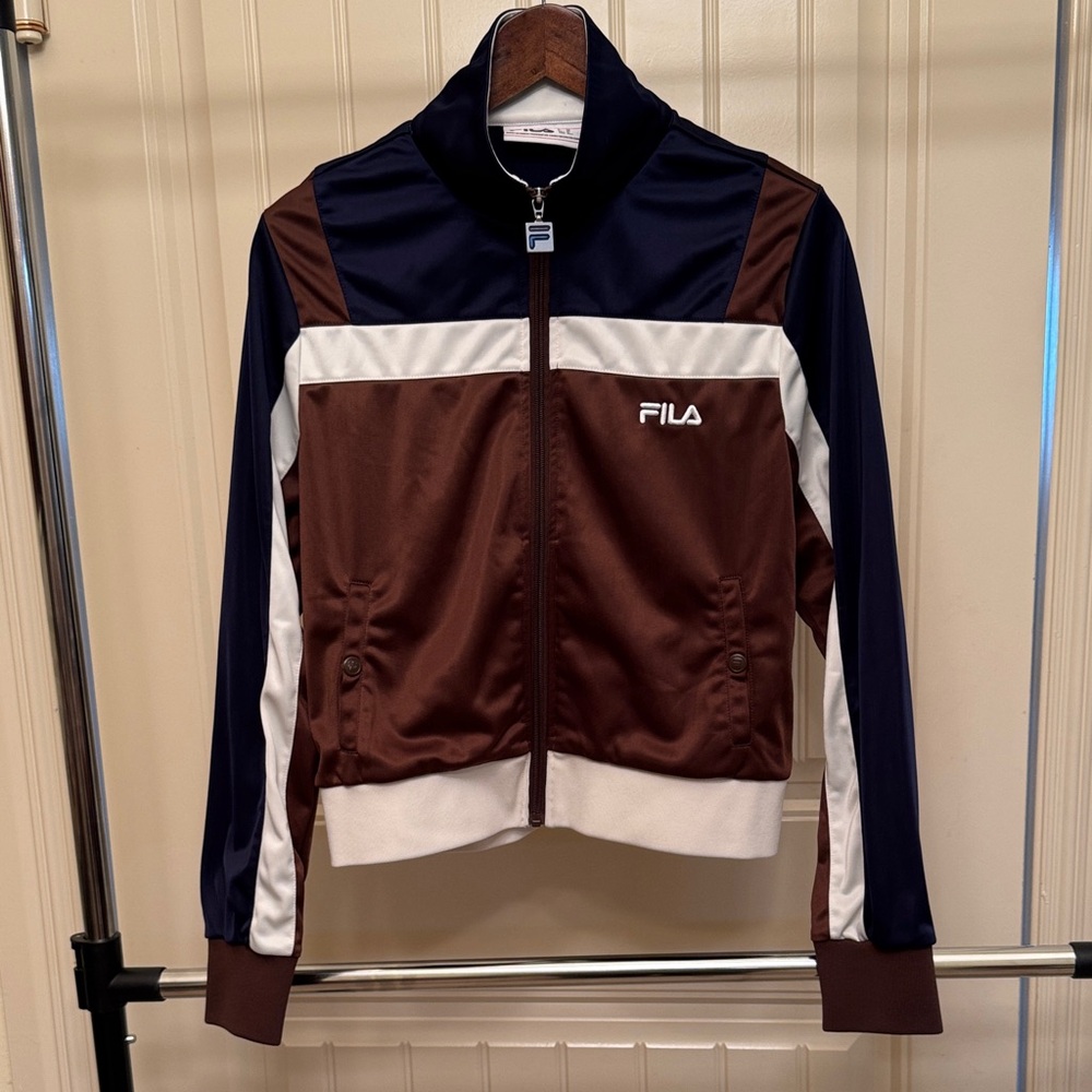 FILA Navy Blue/ Brown/White Stripped Zip-Up Jacket Athletic Jacket- Sz M